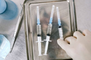 Syringes that will be part of sharps disposal after they're used in South Central Houston, TX